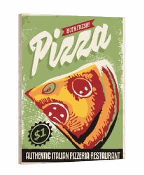 Hot and fresh pizza retro poster design layout with delicious slice of pizza on green background