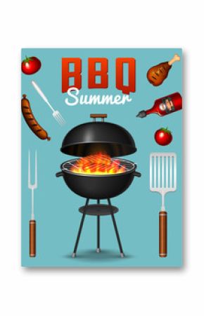 Barbecue grill elements set isolated on red background. BBQ party poster. Summer time. Meat restaurant at home. Charcoal kettle with tool, sauce and foods. Kitchen equipment for menu. Cooking outdoors