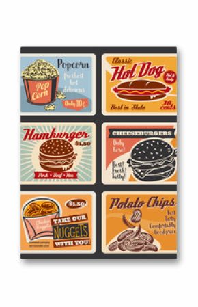 Vector retro fast food burgers and snacks posters