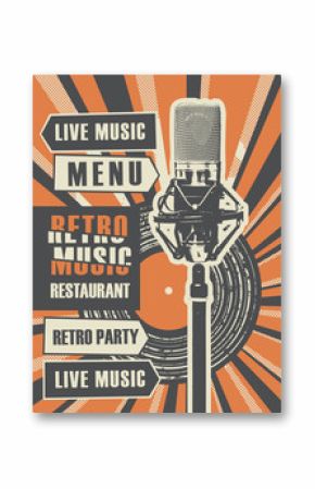Vector banner or restaurant menu with live music decorated with old vinyl record and microphone on bright background with rays in retro style. Retro music restaurant