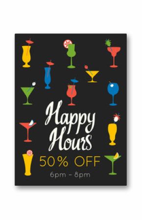 Happy hours poster. Vector illustration with cocktail in summer beach style for bar. Drink menu for celebration. Special offer.
