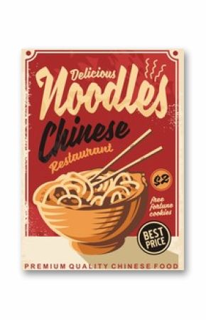 Noodles promo poster. Chinese restaurant ad menu design with delicious noodle meal. Vector food illustration on old retro paper background.