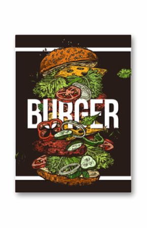 Sketch poster with flying burger. Hand drawn vector illustration with ingredients and components for hamburger. Fast food design trendy concept on black background with frame