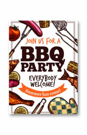 Barbecue vector hand drawn party poster with grill food. Sketch bbq design with typography
