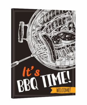 Barbecue vector hand drawn party poster with sausages, meat and chicken on grill. Sketch bbq design with typography on blackboard