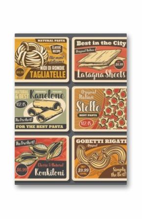 Pasta and macaroni vector design with Italian food of cannelloni tubes, tagliatele and conchiglie, lasagna sheets, stellini and rigatti with price tags. Restaurant menu and grocery retro posters
