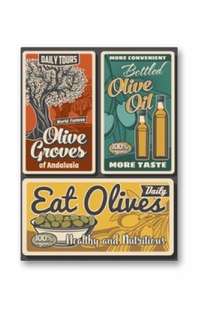 Olive oil bottles, green fruits and trees, vector design of food. Olive branches with leaves, bowl of marinated fruits and extra virgin oil retro posters of mediterranean cuisine cooking ingredients