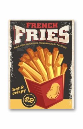 French fries antique poster with hot crispy potatoes on old paper texture. Fast food promotional  retro advertisement. 