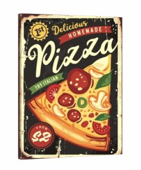 Delicious pizza slice on black board background. Vintage pizzeria or fast food restaurant tin sign.  Italian cuisine retro poster design.
