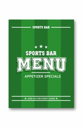 Green sports bar menu. Can be used for soccer and american football style. Retro, grunge, vintage style. Vector illustrator. Template with striped background.