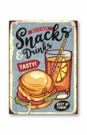 Snacks and drinks retro sign with tasty sandwich and orange juice smoothie. Restaurant kids menu advertising board. Vector food illustration.