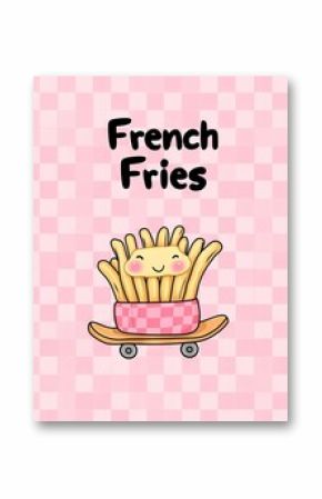 Retro-style fast food posters and brochures with fun mascot characters, quote text for cafes, and banners displaying groovy french fries for fast food delivery promotions