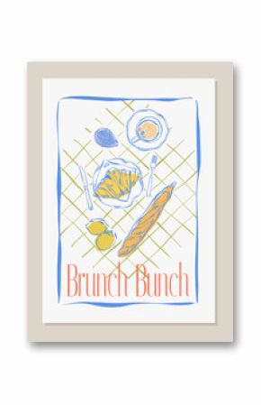 Brunch or breakfast in la dolce vita abstract trendy style poster with coffee, croissant, baguette. Breakfast club. Minimalist line art illustration ink drawing sketch for card, invitation, print.