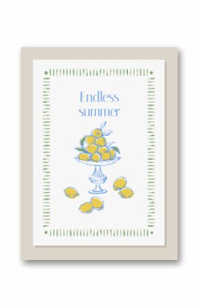 Whimsical summer poster with lemons. Hand drawn La dolce vita summer poster. Mediterranean coastal aesthetic for cards, posters, banner, invitation. Italian summer line art doodle with lemons in vase.