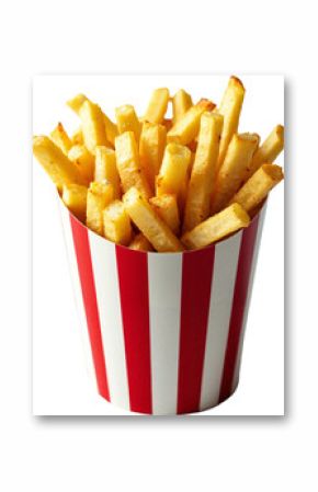 Golden Crispy French Fries in Classic Red-and-White Striped Bucket Isolated on Transparent Background for Food Advertising and Marketing
