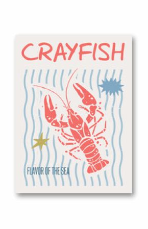 Vertical Seafood Restaurant Poster A3 with Crayfish on Blue Stripes