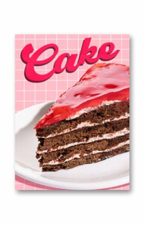 Slice of chocolate cake with bright red glaze and layered cream on clean white plate against pink retro background. Conceptual design. Concept of food, pop art, celebration, creativity, poster, ad