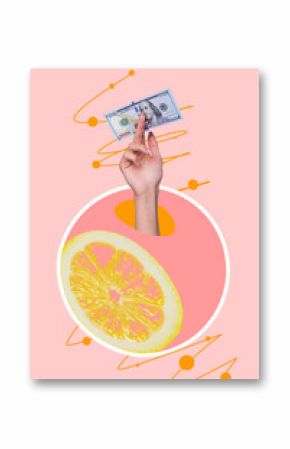 Image vertical 3d collage poster of hand peek orange slice fruit citrus detox nutrition healthy lifestyle soda beverage summer