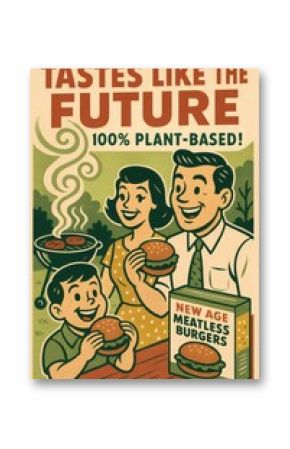 Retro Vegan Burger Ad 1950s Style Happy Family BBQ Plant Based Food Vintage Poster Mid Century Meatless Grilling Halftone Illustration Vegetarian Lifestyle Concept Art