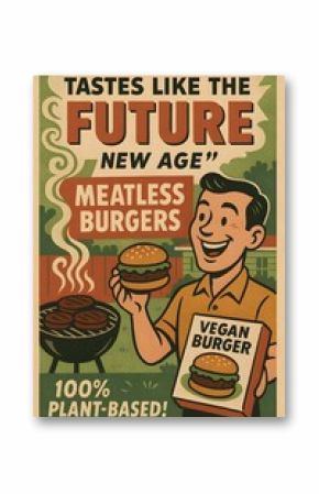 Retro Vegan Burger Ad with Happy Man at BBQ 1950s Style Plant Based Meat Poster