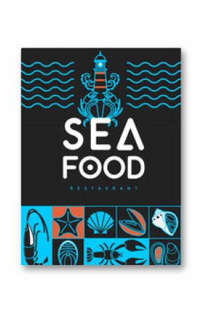 Flat seafood poster or banner with  fish, shrimp, oysters, octopus, shell and lobster. Restaurant seafood menu design. Vector illustration