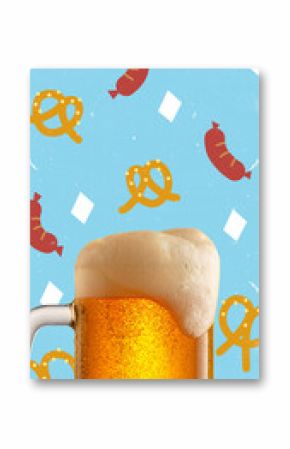Creative art design for ad of traditional beer mug with thick foam stands against light blue backdrop covered in sausages and pretzels, styled in folk retro art aesthetics. Snack and beverage combo