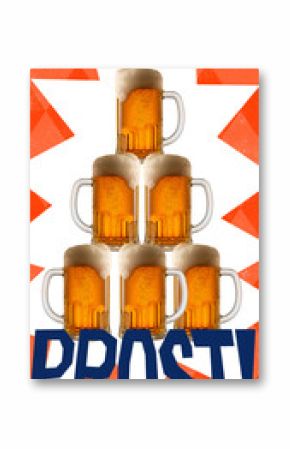 Bold creative poster. Tower of frothy Oktoberfest beer mugs with bold text in blue over white and orange festive background in pixelated retro folk aesthetic