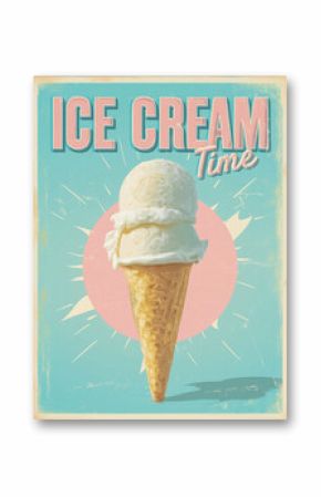 Retro summer poster with typography 'Ice Cream Time', illustrated cone and bright pastel background.