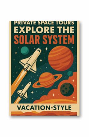 vector art of illustration Colorful retro vector of planets, shuttles, and a “vacation-style” space theme.