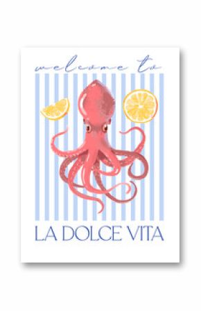 Hand drawn seafood retro poster. Octopus with lemon slice on striped background in soft pastel colors. Vintage sketch vector illustration.