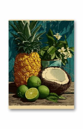 A retro-style still life illustration of tropical fruits, featuring a fresh pineapple, coconut, and limes on a rustic wooden surface.