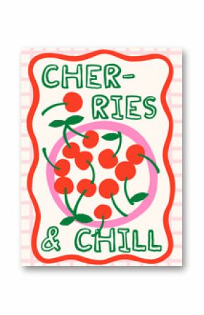 Summer berries vector illustration. Bold bright poster design with cherries plate in whimsical frame