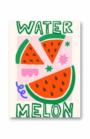 Summer tropical exotic fruits vector illustration. Bold bright poster design with watermelon, abstract shapes