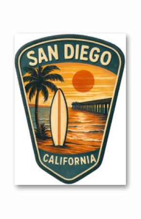 San Diego at sunset with a surfboard and a scenic view of the California coast. Vintage emblem badge patch, retro design, transparent background