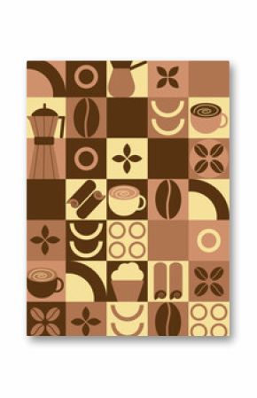 Geometric coffee pattern in minimalist style. Abstract print background with simple shapes for coffee shop, food packaging, cafe wall, menu. Coffee-themed block illustration with coffee beans, cups