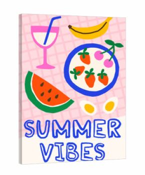 Summer picnic vector illustration. Bold bright breakfast food poster design with watermelon, cocktail, fruits