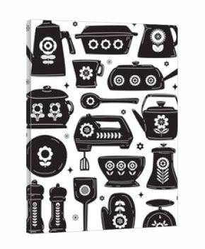 retro kitchen utelsils items  with florals in black and white vector illustration poster