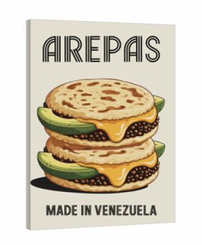 Stylized retro vector poster of stacked Venezuelan arepas with melted cheese and avocado. Minimalist flat design with cream, yellow, and muted green tones, clean lines, and balanced layout.