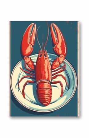 Retro lobster on plate with bold lines and red-blue color scheme
