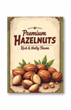 A retro-style promotional poster for hazelnuts, capturing their rich, natural appeal with earthy brown tones, rustic textures, and vintage-inspired typography, evoking wholesome charm of fresh nuts