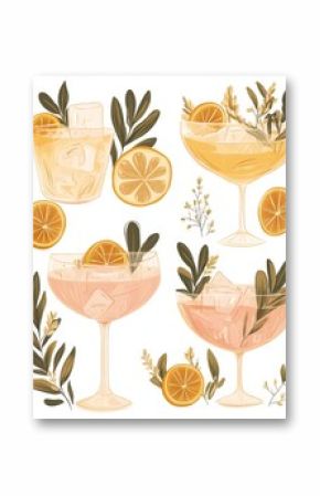 A mix of icons depicting highball, martini, margarita, old fashioned, shot, Moscow mule, and mug glasses, rendered in a retro print using halftone dotted offset press technique, with a touch of
