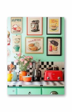 Retro kitchen decor with colorful appliances and wall art, featuring a red toaster, coffee maker, and vibrant flower arrangement on a checkered countertop.