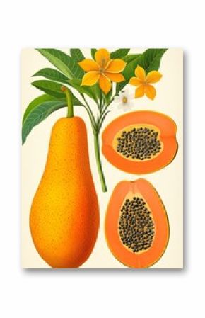 Illustration, papaya fruits and flowers, and leaves of ripe fruits in a section in a decorative composition, retro botany vintage poster.