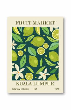 Abstract Fruit Market Brussels retro poster. Trendy kitchen gallery wall art with lime fruits, flowers and leaves. Modern naive groovy funky interior decoration, painting. Vector art illustration.