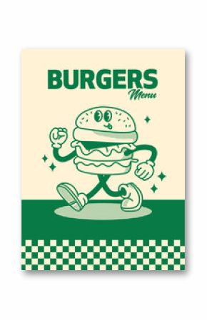 Green Burger Menu Poster. Vector Illustration of Retro Cartoon Happy Concept. Street Food.