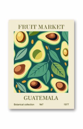 Abstract Fruit Market Guatemala retro poster. Trendy contemporary wall art with avocado design in green colors. Modern naive funky interior painting. Vector art illustration