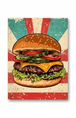 Retro Pop Art Illustration of a Juicy Giant Burger with Toppings