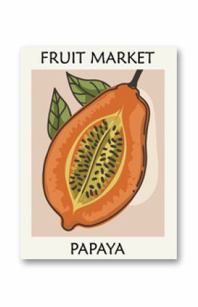 Fruit market retro poster with papaya. Kitchen wall art. Colorful vector illustration