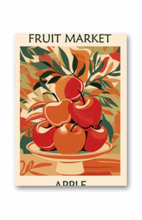 Fruit market retro posters with apple fruits. Kitchen wall art. Colorful vector illustration