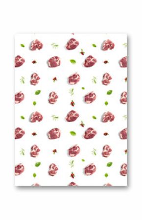 background with raw pork meat slices on white background, raw food background, not pattern, poster modern creative, flatlay